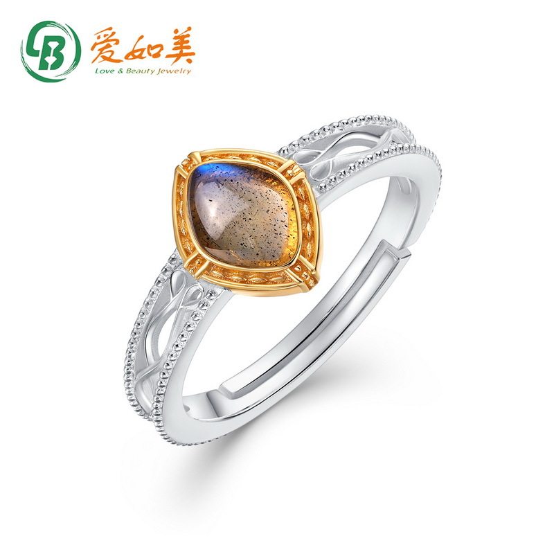 新款时尚简约拉长石戒指复古镂空花纹S925银渡18K金PT950铂金戒指