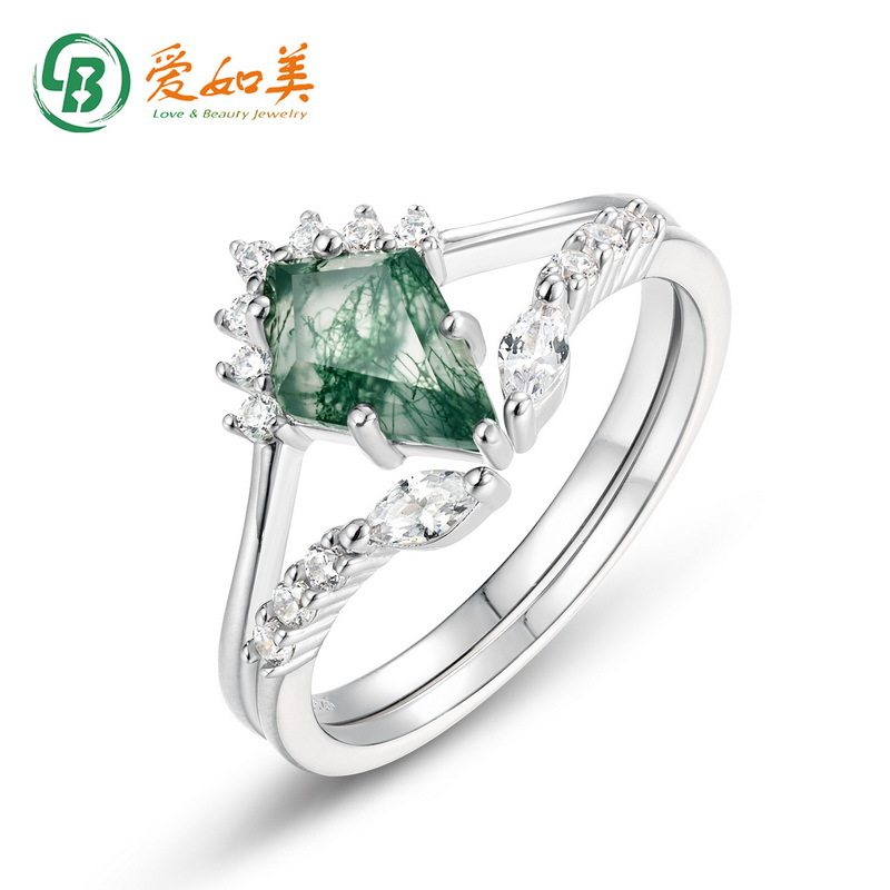 珠宝皇冠S925银渡18K金PT950铂金叠戴套戒风筝形天然水草玛瑙戒指