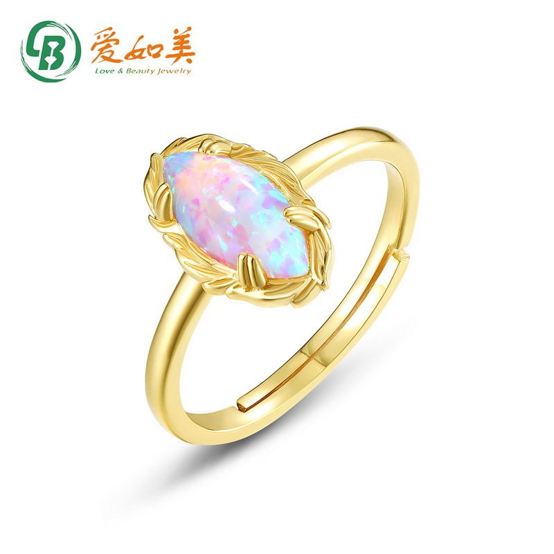时尚流行炫彩欧泊戒指小众复古花边S925银渡18K金PT950铂金戒指