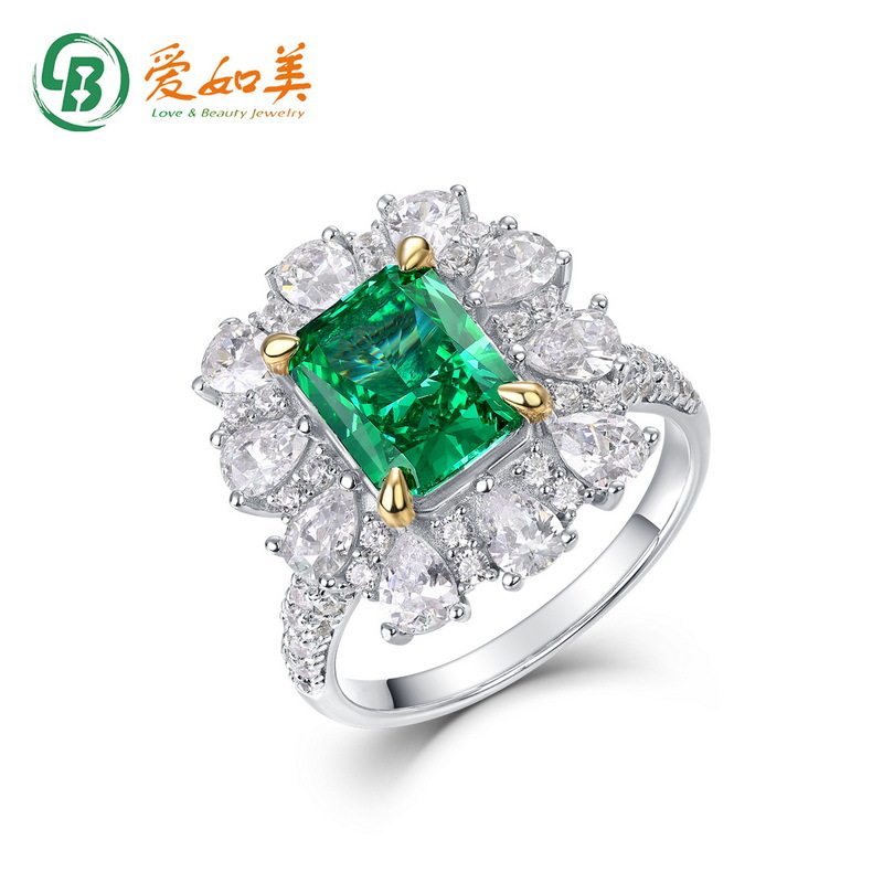 镶钻祖母绿色高碳钻戒指女S925银渡18K金PT950铂金戒指项链两用款