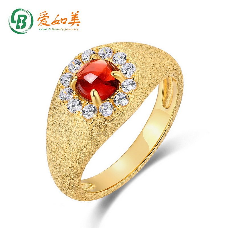 新中式拉丝石榴石戒指高级感S925银七层电镀18K金PT950铂金戒指环