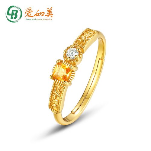 轻奢几何方块黄水晶戒指时尚流行S925银渡18K金PT950铂金戒指指环