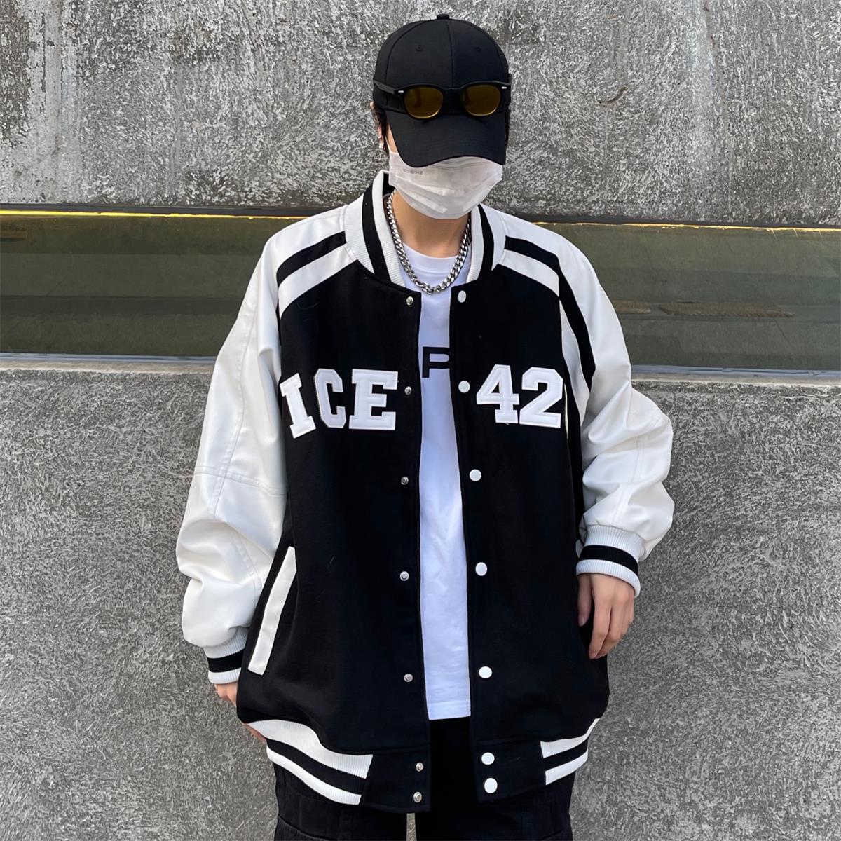 ICEREVERIE 国潮牌秋冬情侣嘻哈皮标大LOGO棒球服夹克宽松外套