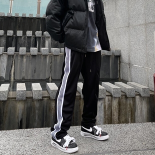 ICEREVERIE国潮黑白侧条纹小众风格 fog高街直筒男女宽松休闲长裤