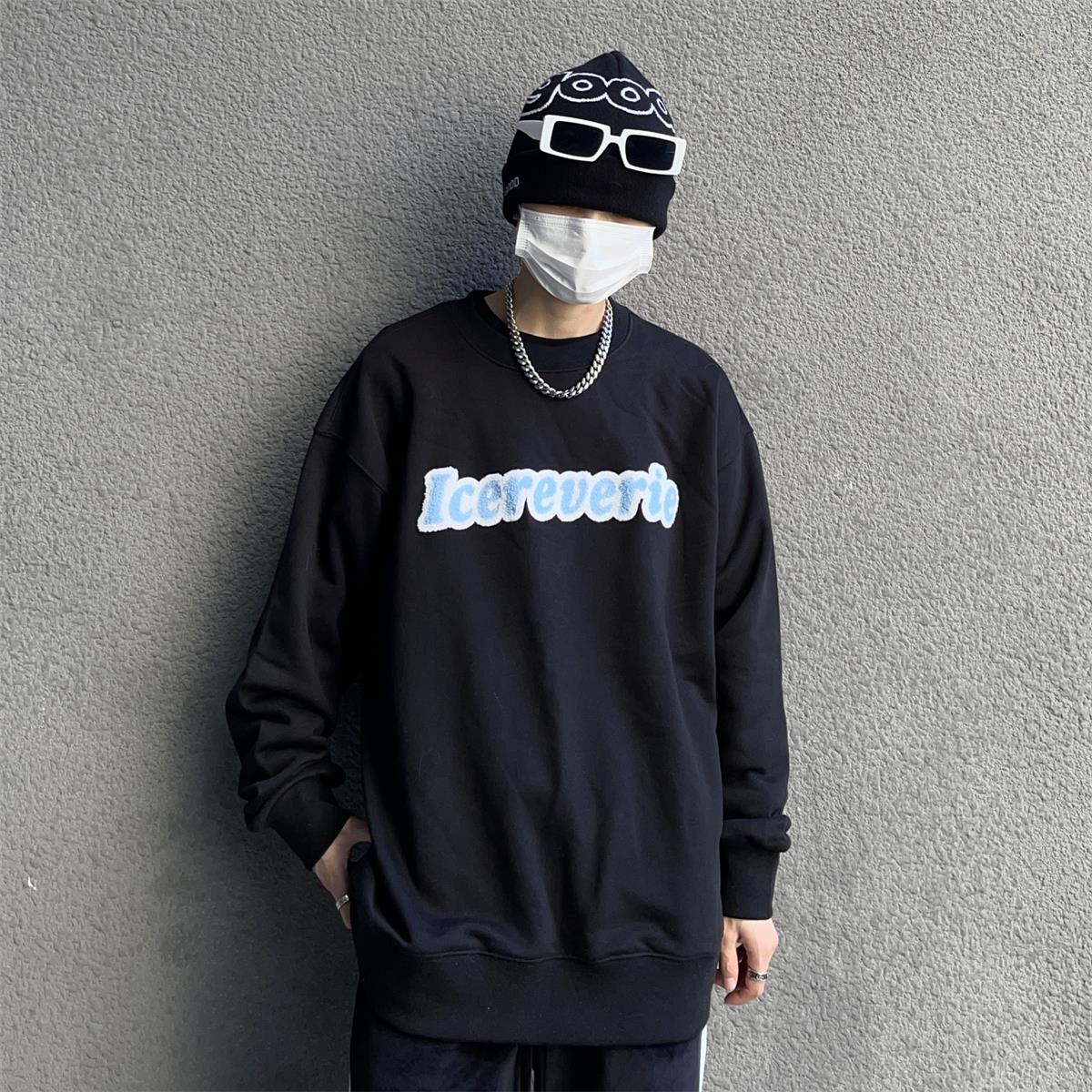 ICEREVERIE 秋季宽松圆领字母休闲植绒刺绣毛巾绣男女套头卫衣