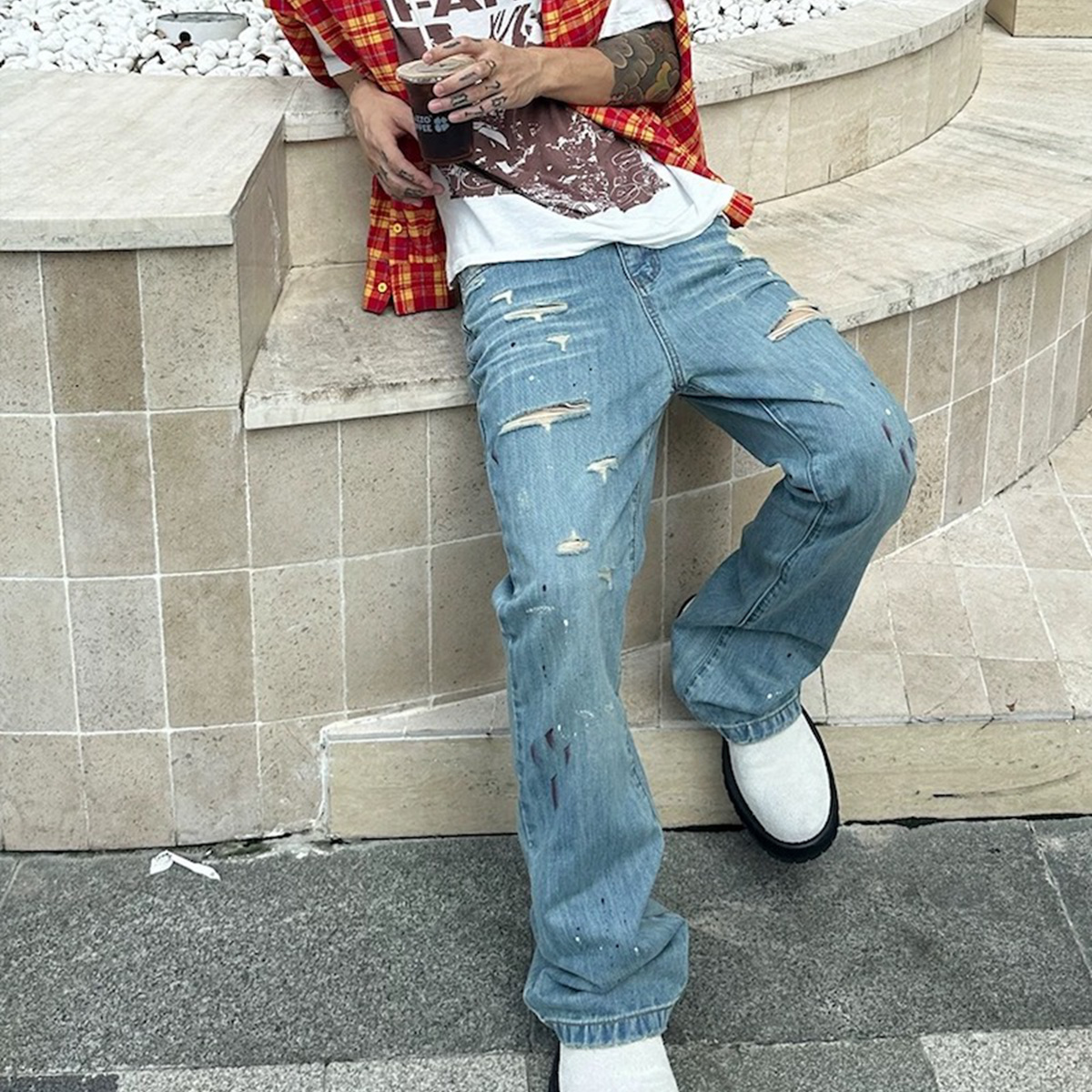 巴黎风格破坏手工擦染做旧猫须修身堆积阔腿微喇血渍竹节牛仔长裤