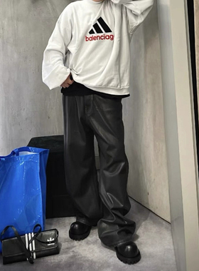 RO风暗黑高街baggy黑色刷蜡涂层廓形牛仔裤蜡面裤wookvibe同款