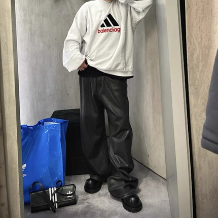 RO风暗黑高街baggy黑色刷蜡涂层廓形牛仔裤蜡面裤wookvibe同款
