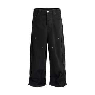 潮牌baggy牛仔长裤 伐木裤 25FW重工水洗双膝拼接铆钉工装 巴黎风格