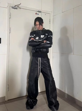 RO风格潮牌暗黑多口袋工装直筒休闲抽绳哑光面涂层阔腿拖地裤男女