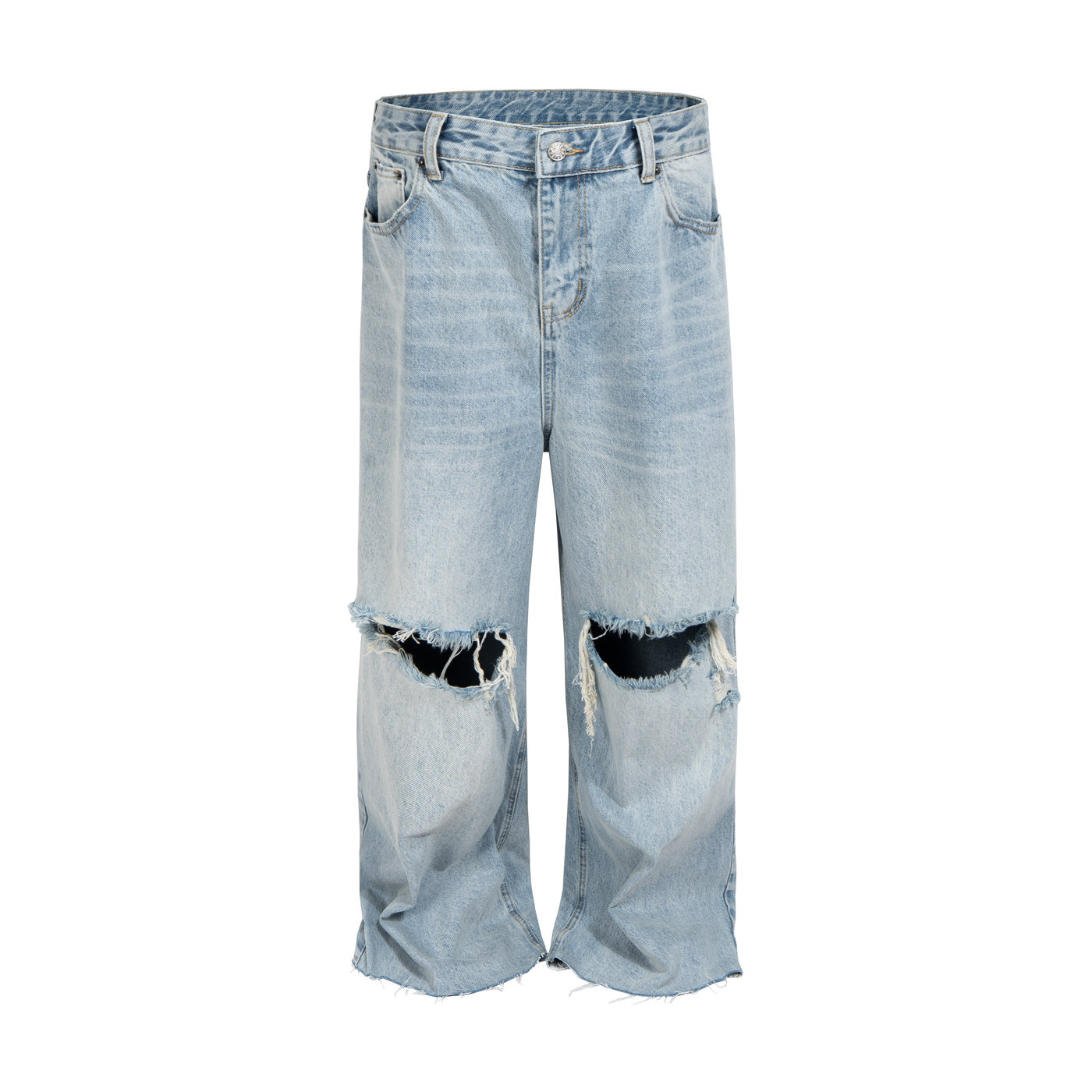 巴黎风格B家刀割漆盖破洞水洗流苏牛仔裤宽松阔腿百搭大破坏裤潮