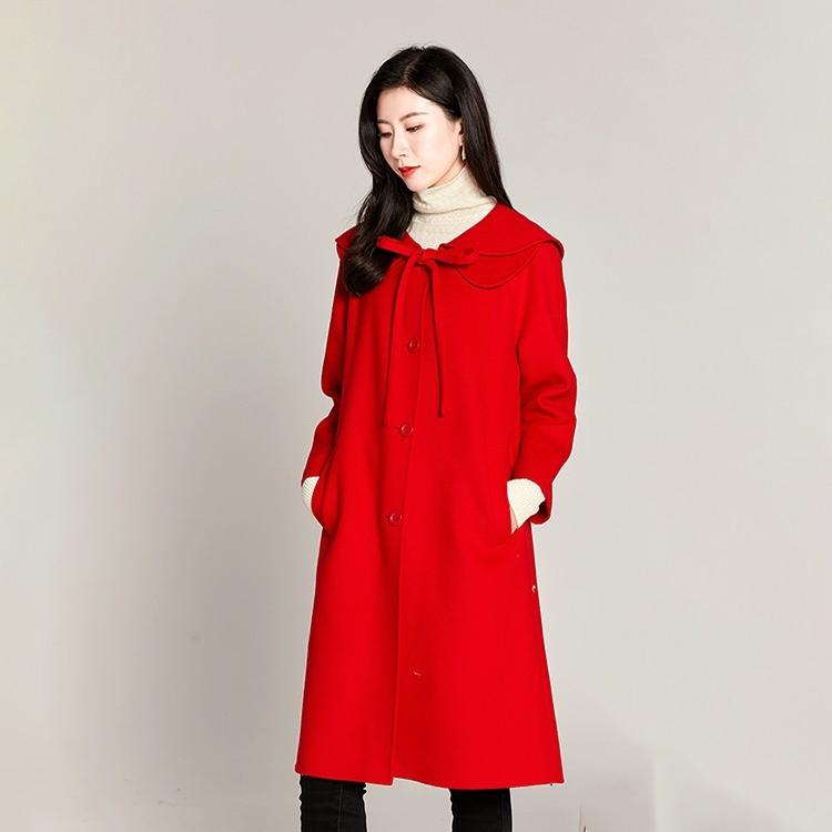 红色A字型宽松长款羊毛大衣
