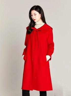 诗梦女装秋冬红色A字型宽松长款娃娃领单排扣甜美羊毛双面呢大衣
