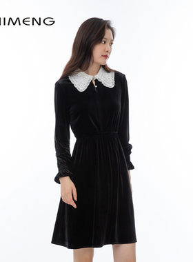 诗梦女装秋冬新款黑色丝绒收腰连衣裙弹力黑白撞色绣花领中长裙子