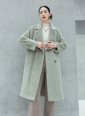 诗梦女装24秋冬新款羊毛羊驼毛长大衣淡雅灰绿色大翻领直身版外套