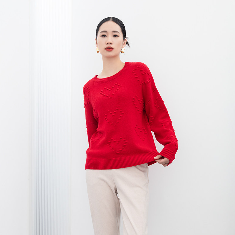 诗梦红色圆领爱心绵羊毛针织毛衣