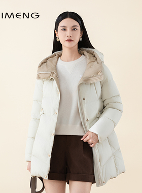 诗梦女装冬季新款撞色中长款连帽90羽绒服外套休闲减龄米色面包服