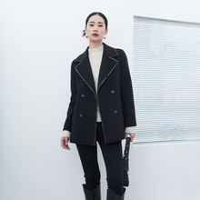 诗梦女装黑色短款撞色花边羊毛羊绒双面尼外套西装版型小香风大衣
