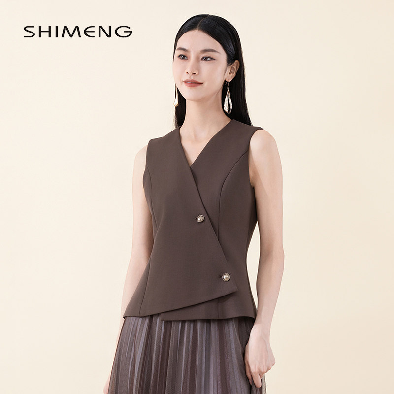 SHIMENG诗梦女装秋季新款松果棕V领收腰马甲显瘦挺阔有型气质大方