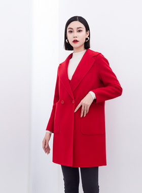诗梦女装冬季新款正红色西装翻领羊毛羊绒双面呢中长大衣宽松气质