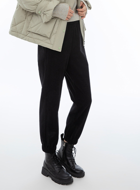 诗梦女装秋冬黑色灯芯绒松紧高腰休闲舒适慵懒风宽松束脚工装长裤