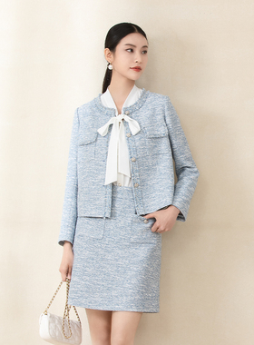 诗梦女装26春夏新款蓝色小香风粗花呢短款外套圆领单排扣箱型气质