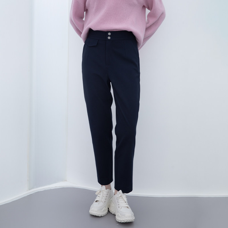 诗梦女装秋冬新款藏青色高腰小脚锥形裤显瘦挺阔有型微弹百搭长裤