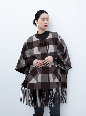 诗梦女装秋冬新复古咖色格纹羊毛羊绒斗篷大衣双面呢外套廓形宽松
