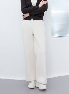 诗梦女装冬季新款奶油白雪尼尔高腰直筒裤厚实保暖休闲阔腿裤