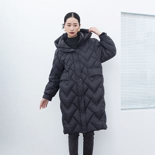 气质黑色连帽白鸭绒长款 诗梦品牌女装 羽绒服宽松休闲抽绳显瘦百搭