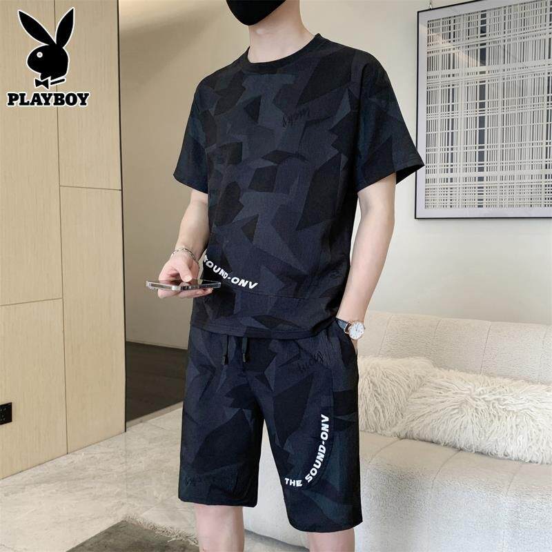 花花公子运动套装男士夏季2024新款薄款冰丝短袖短裤休闲一套男款