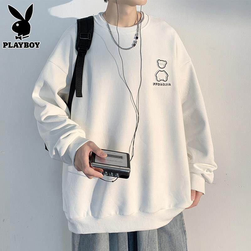 花花公子华夫格卫衣男士t恤青少年港风宽松春季休闲长袖打底衫男