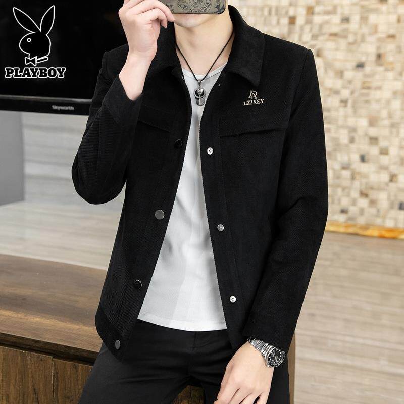 花花公子翻领夹克男士春季黑色休闲男装潮牌高级帅气外套男春秋款