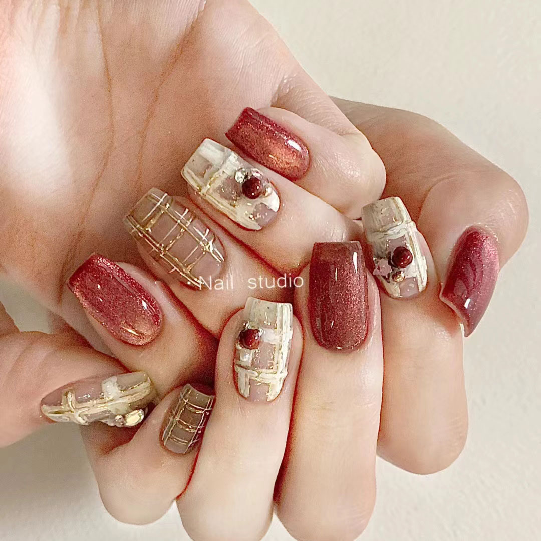 鹿舞纯手工美甲跨年战甲红色猫眼