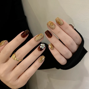 琥珀晕染美拉德假指甲秋冬高级感立体花短款中长纯手工定制穿戴甲