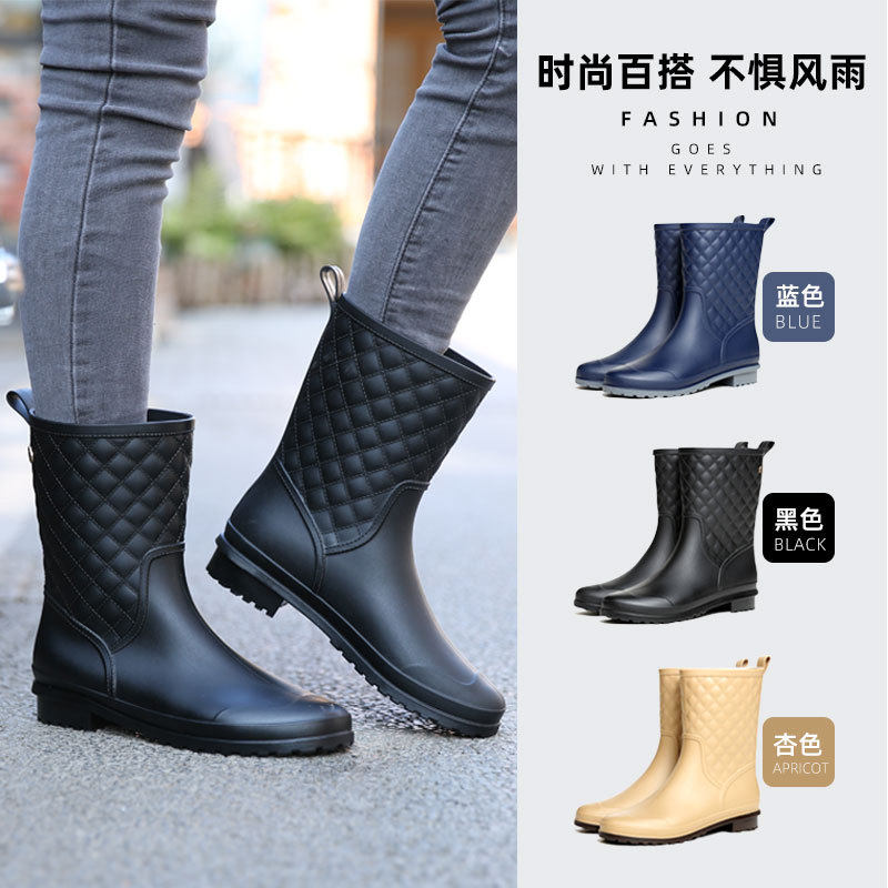水鞋厂家批发胶鞋防滑中筒格子女式时尚雨鞋保暖耐磨休闲成人雨靴