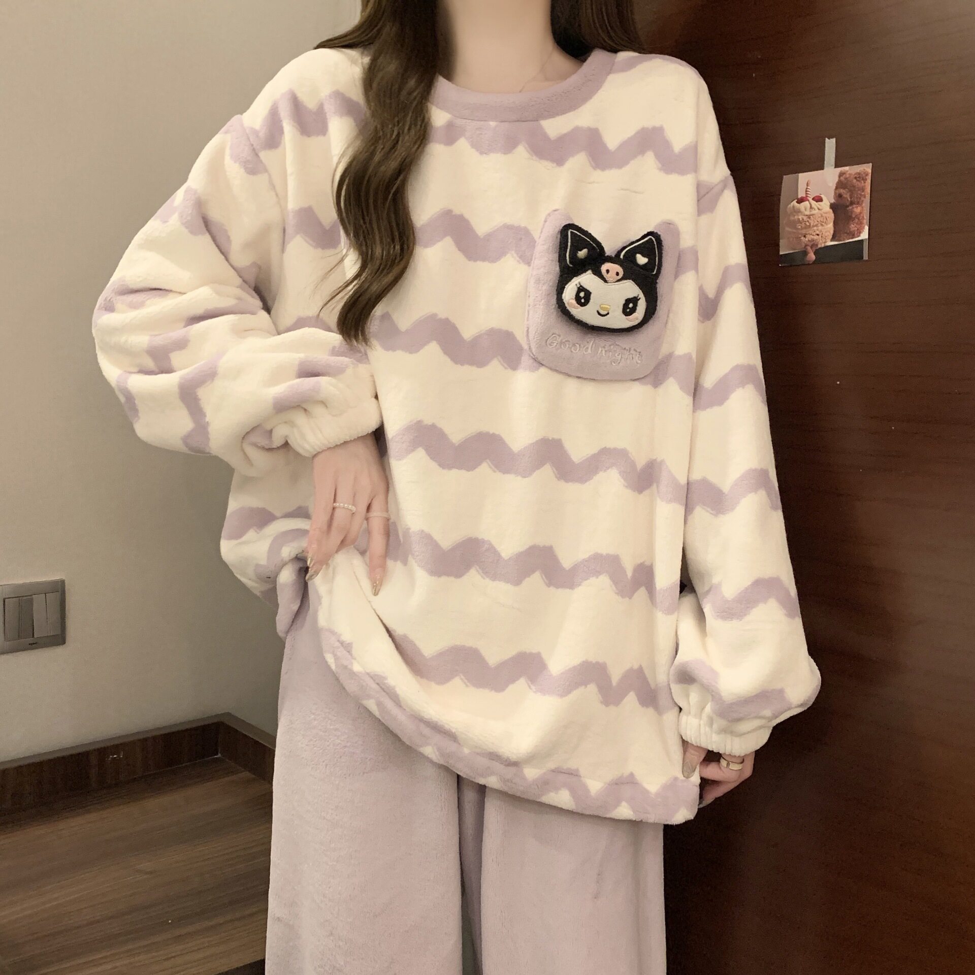 库洛米珊瑚绒睡衣女秋冬季加绒加厚款可爱网红风法兰绒家居服