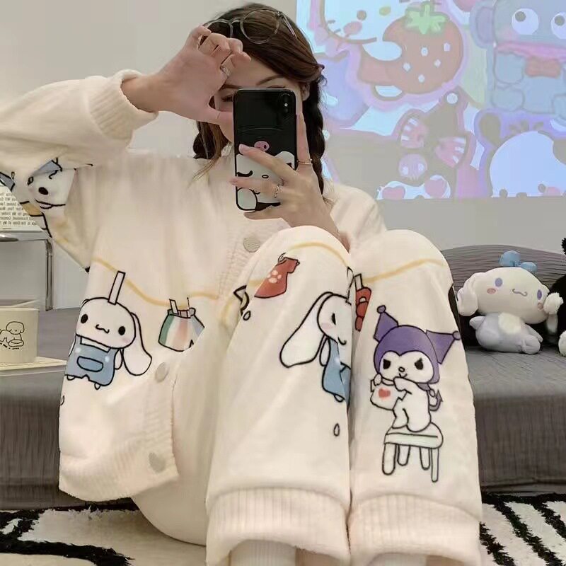 珊瑚绒睡衣女秋冬季加绒加厚卡通可爱玉桂狗法兰绒冬天家居服