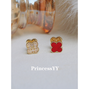 PrincessYY独特漂亮四叶草锆石红色耳钉2026新款 高级感巨好看 爆款