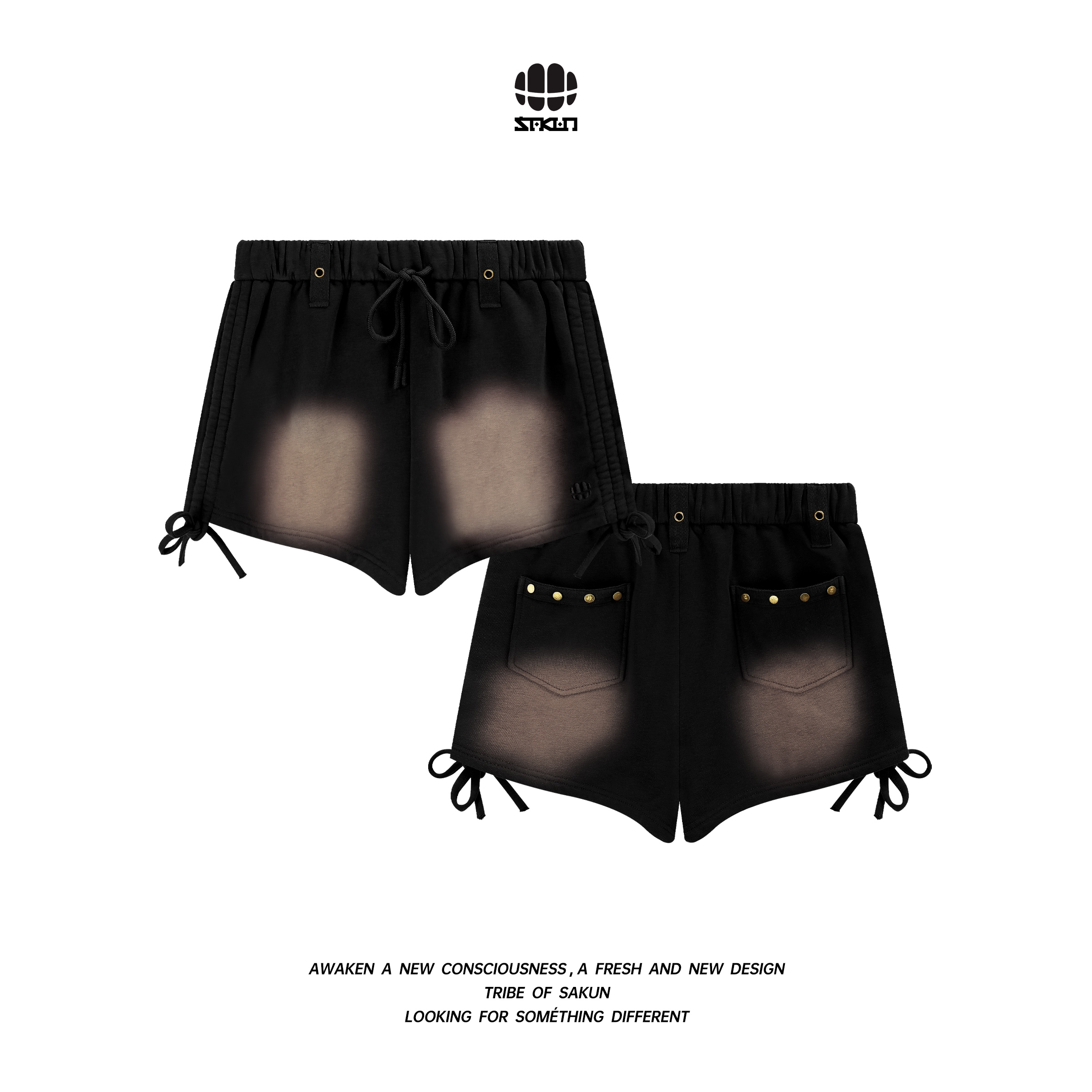 SAKUN复古洗水铆钉抽绳休闲短裤3152-1624888