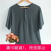 Mùa hè xanh trung niên nam ngắn tay mềm mịn màu rắn cổ tròn cotton lụa đồ ngủ cotton nhân tạo áo đơn - Pyjama