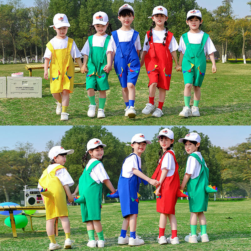 儿童啦啦队演出服开学季幼儿园运动会背带裤小学生恐龙动物表演服