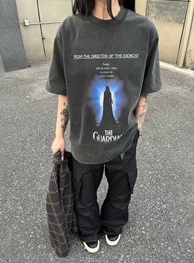 TSAOOJ监护人电影VTG短袖高街cleanfit水洗做旧标语印花半袖t恤男