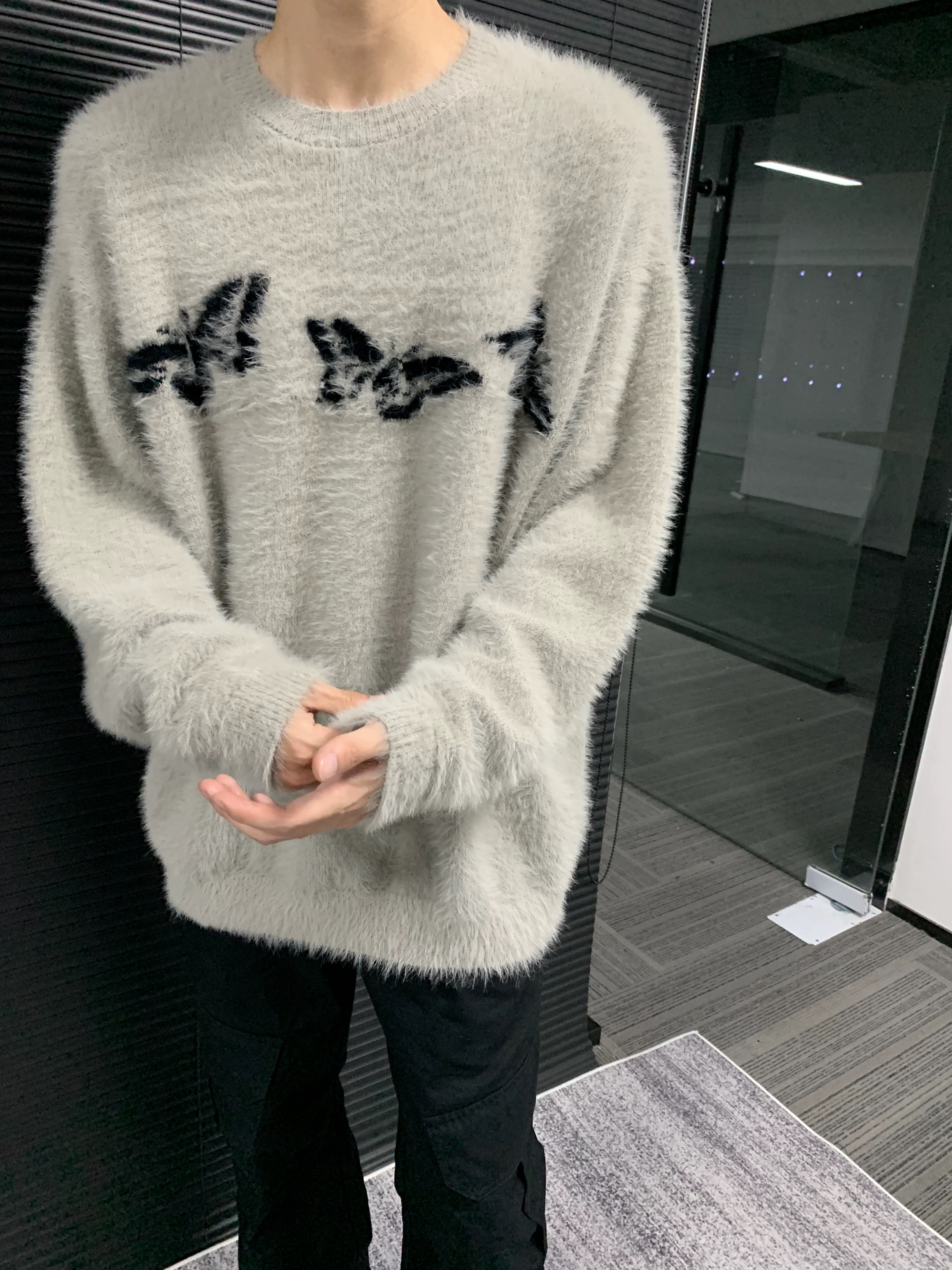 TSAOOJ 软糯马海毛小众黑蝴蝶毛衣秋冬高街cleanfit圆领针织毛衫