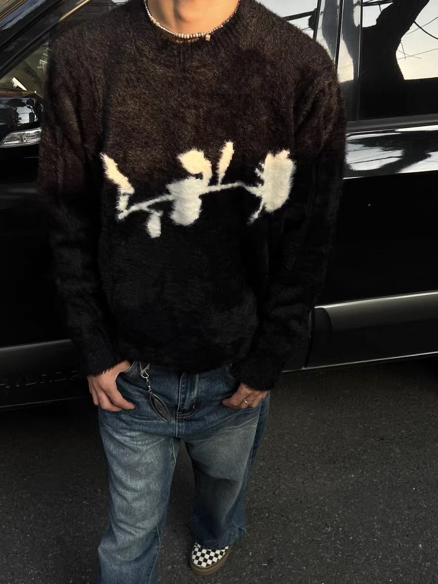 TSAOOJ马海毛暗黑系玫瑰花毛衣高街cleanfit小众宽松慵懒针织毛衫