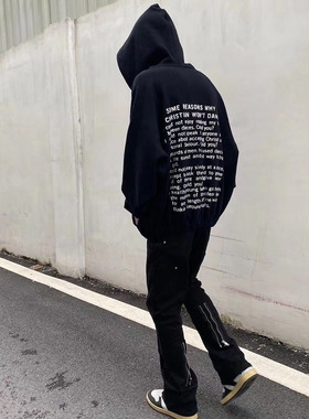 ERD忧郁的富二代标语字母拉链外套高街重磅加绒十字架连帽卫衣男