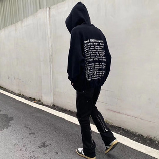 ERD忧郁的富二代标语字母拉链外套高街重磅加绒十字架连帽卫衣男