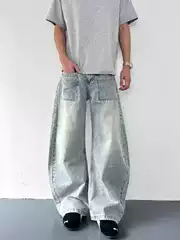 American Retro Washed Blue Scimitar Jeans Men's Trendy Brand Handsome New Design Loose Wide-Leg Long Pants
