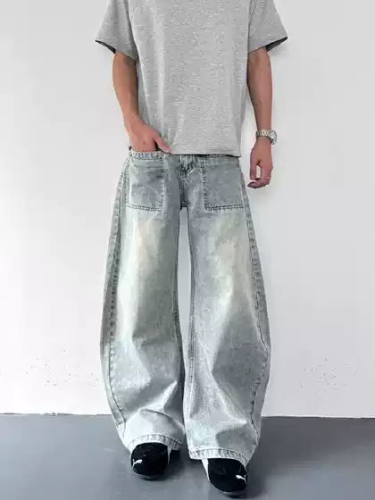 American Retro Washed Blue Scimitar Jeans Men's Trendy Brand Handsome New Design Loose Wide-Leg Long Pants