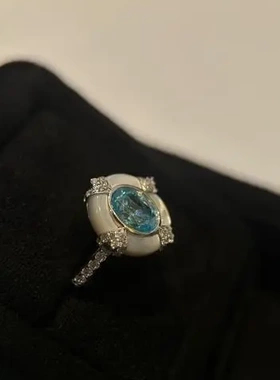 戒指开口椭圆海蓝宝彩宝中古法式复古女钻戒轻奢宫廷贝母vintage